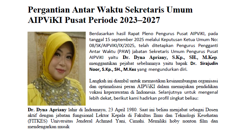 Read more about the article Pergantian Antar Waktu Sekretaris Umum AIPViKI Pusat Periode 2023–2027
